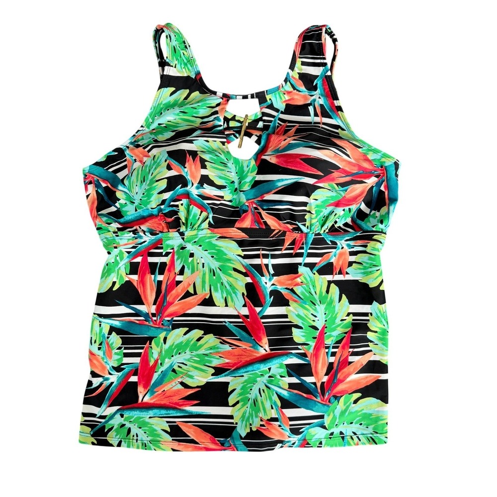St Johns Bay Tropical Tankini Top Women 14 Black Green Coral Coastal Summer Swim